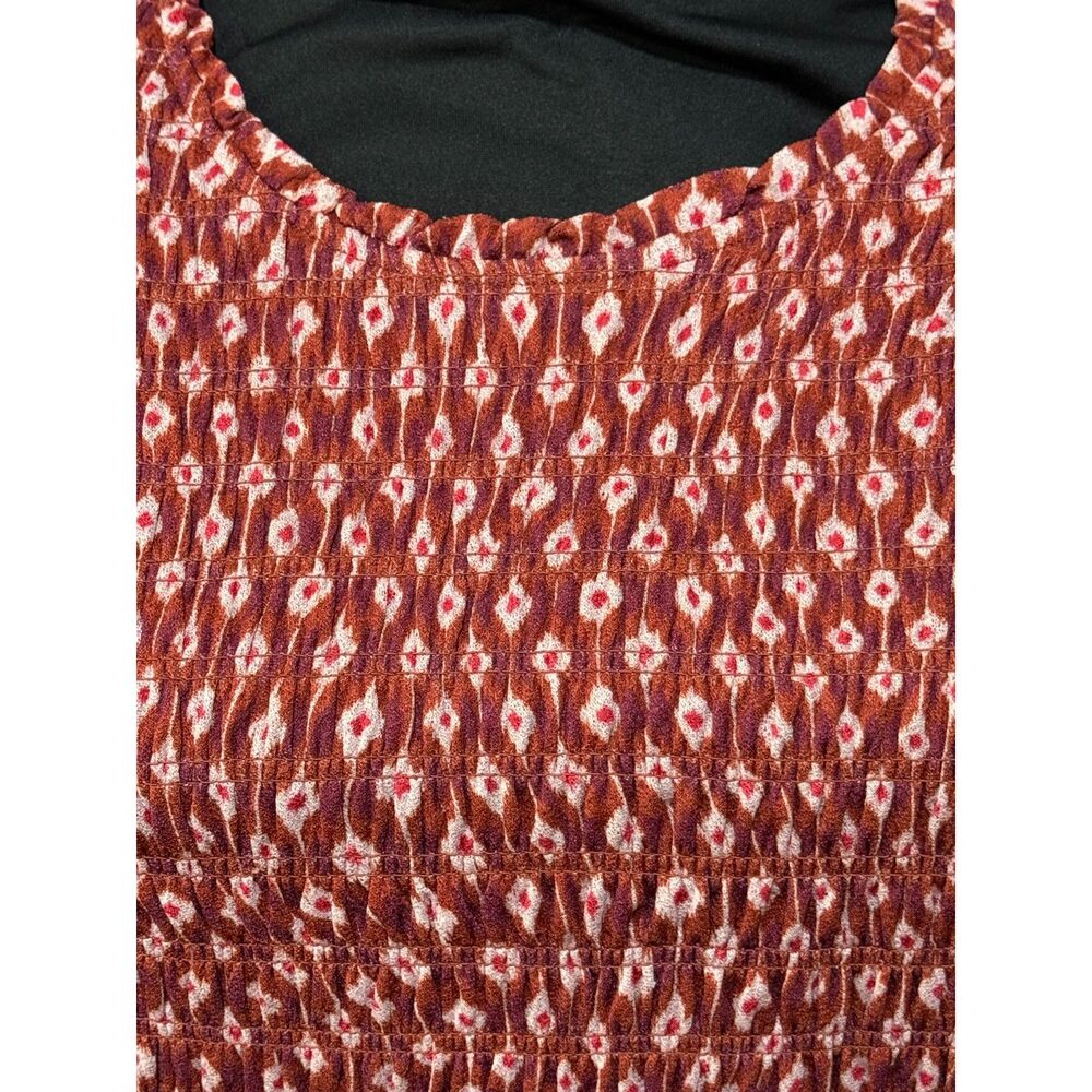Time & Tru Smocked Mesh Top XXL 20W Red Rusty Bronze Ikat Print 3/4 Sleeve - Picture 2 of 6